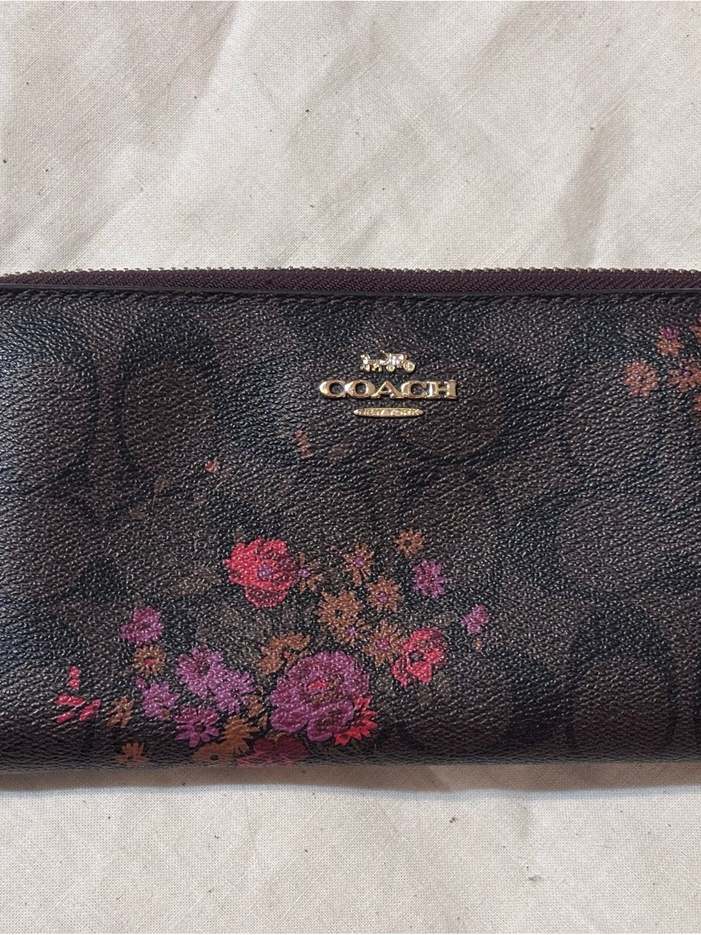 Coach Brown Floral Signature Zip Wallet with Pink and Magenta Accents